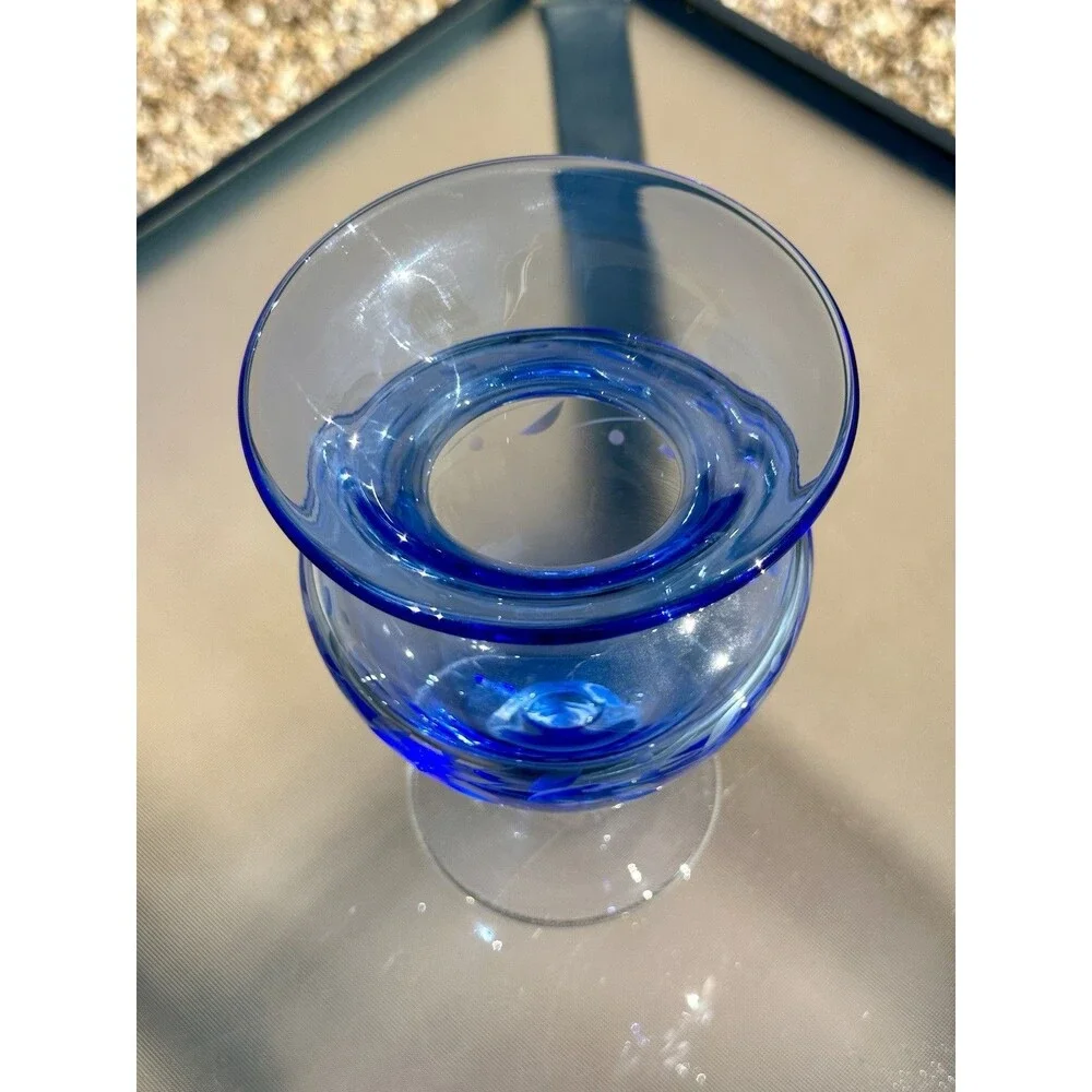BELLA POTTERY BARN ETCHED Footed Blown Glass Vase w/ Ball Stem Blue 8